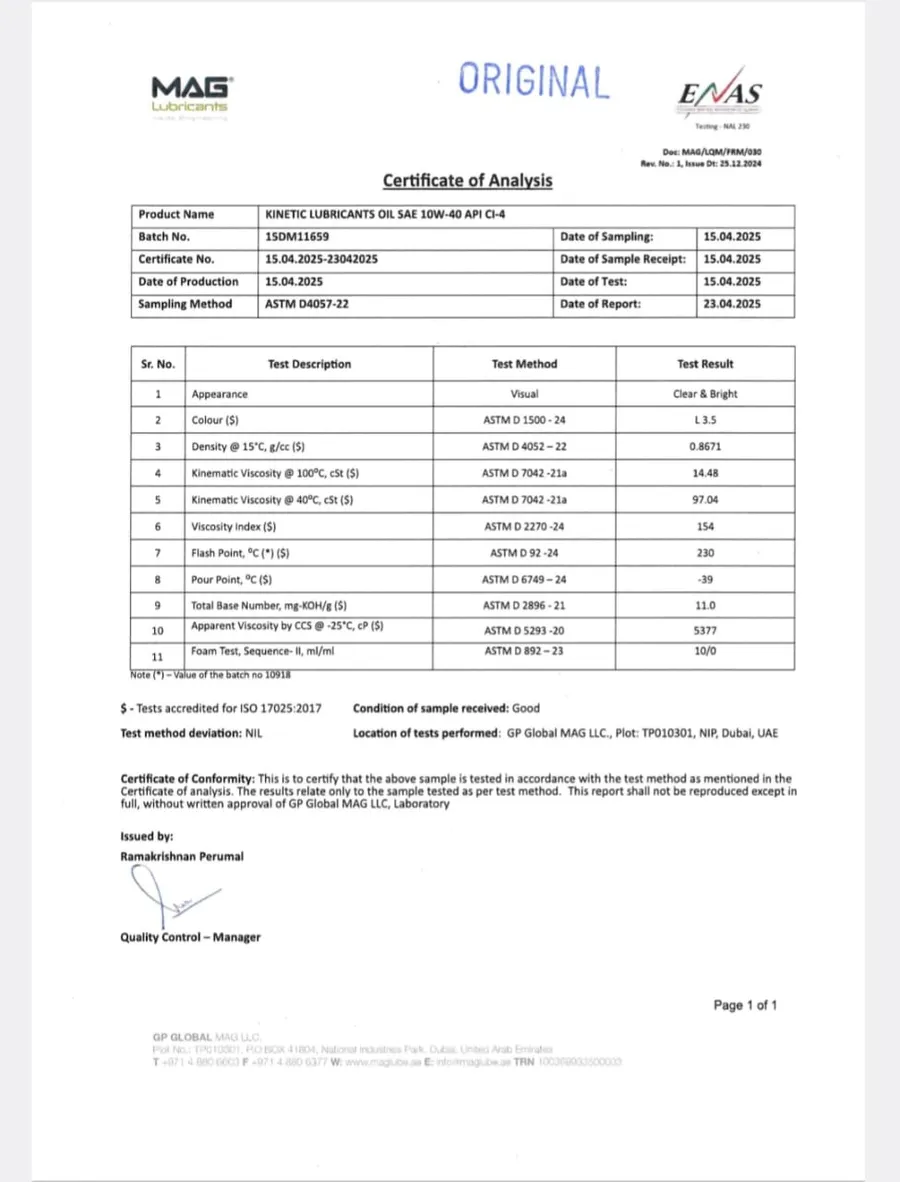 Certificate of Analysis, Kinetic Lubricants SAE 10W-40 API CI-4, ENAS accredited