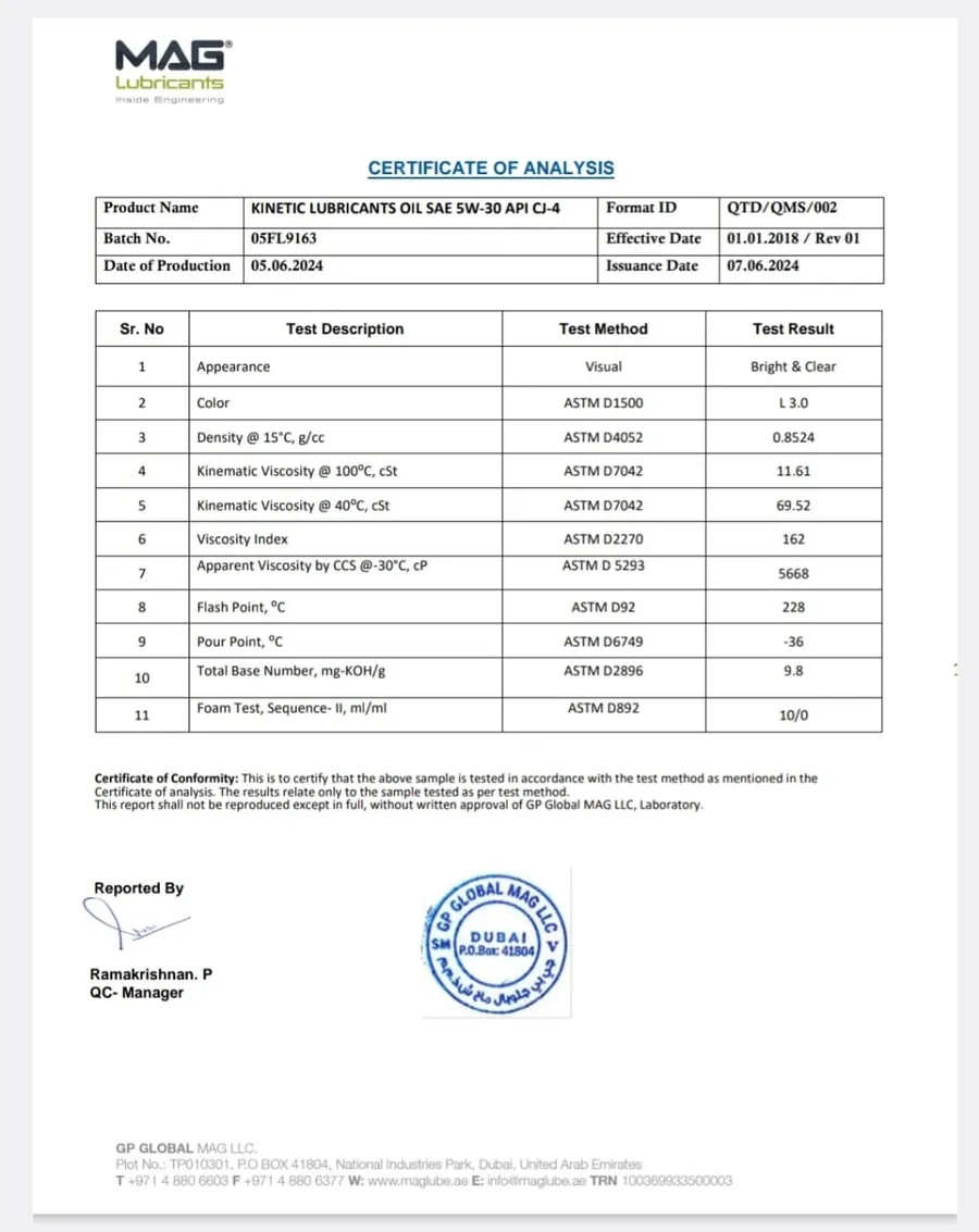 Certificate of Analysis, Kinetic Lubricants SAE 5W-30 API CJ-4